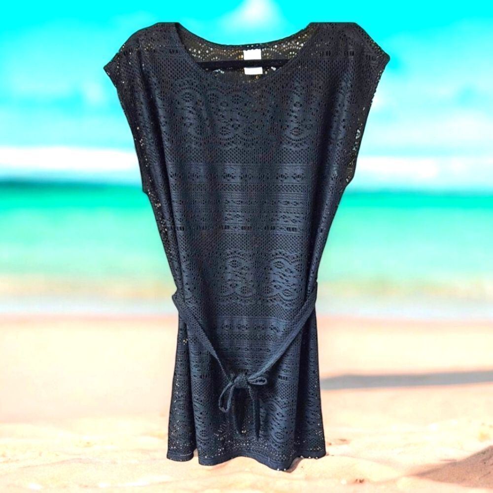 MERONA Women's Black Open Knit Sleeveless Swimsuit Cover Dress With Belt M
